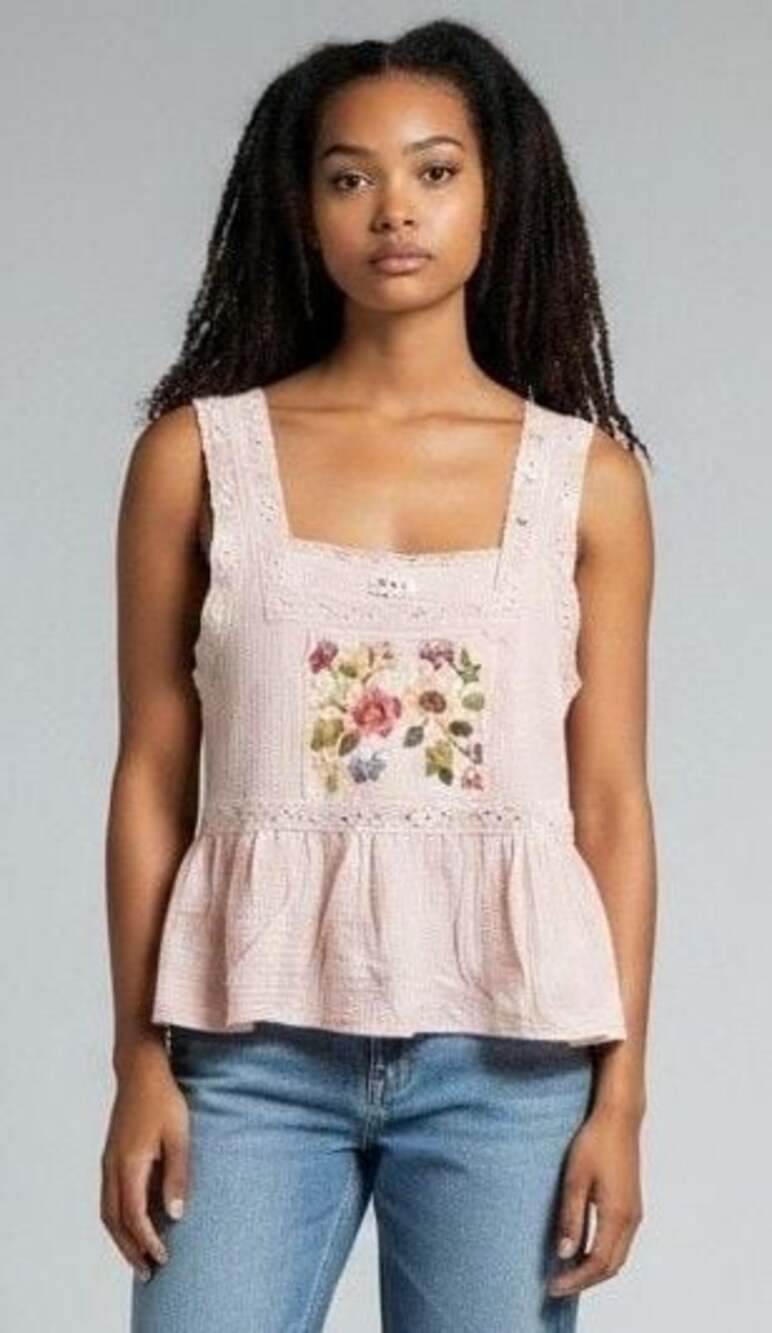 POL Pink Floral Embroidered Square Neck Peplum Tank Top Size S